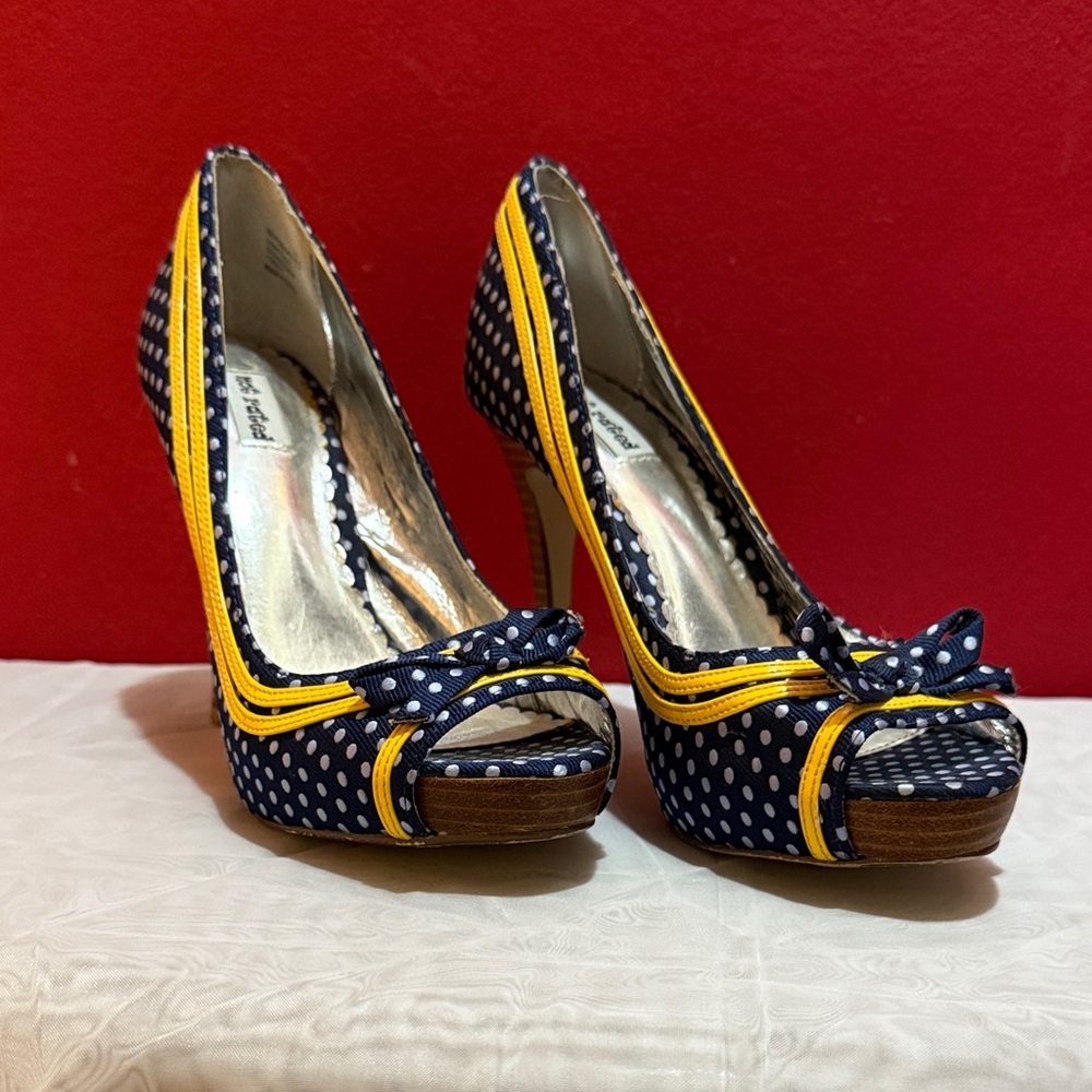 Not Rated Navy Polka Dot Peep Toe Heels with Yellow Trim